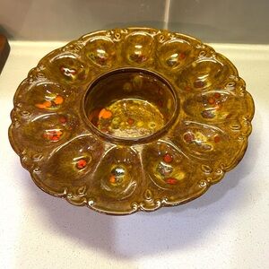 MCM Deviled Egg & Olive Dish Brown Orange Ceramic Dotted Glaze 1970s Holds 12